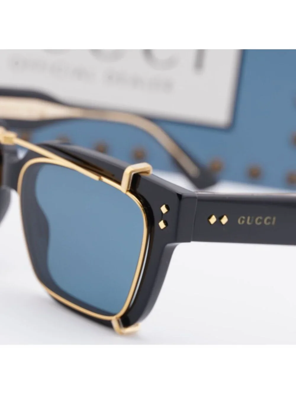 Gucci GG1084S 005 Square Sunglasses - Black / Gold / Light Blue Clip-On